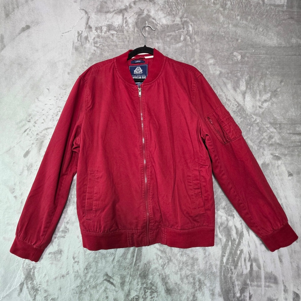 American Rag Mens Red Cotton Canvas Bomber Jacket Full Zip Utility Pocket Large